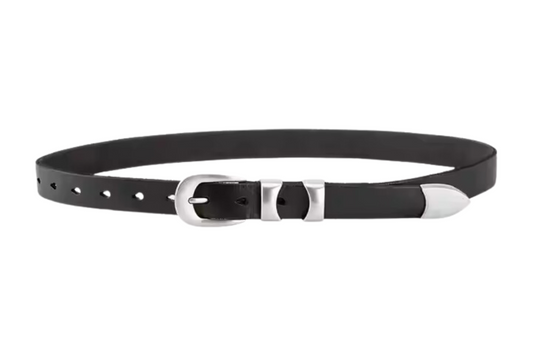 Black Leather Belt with Silver Buckle Double Strap - Mary